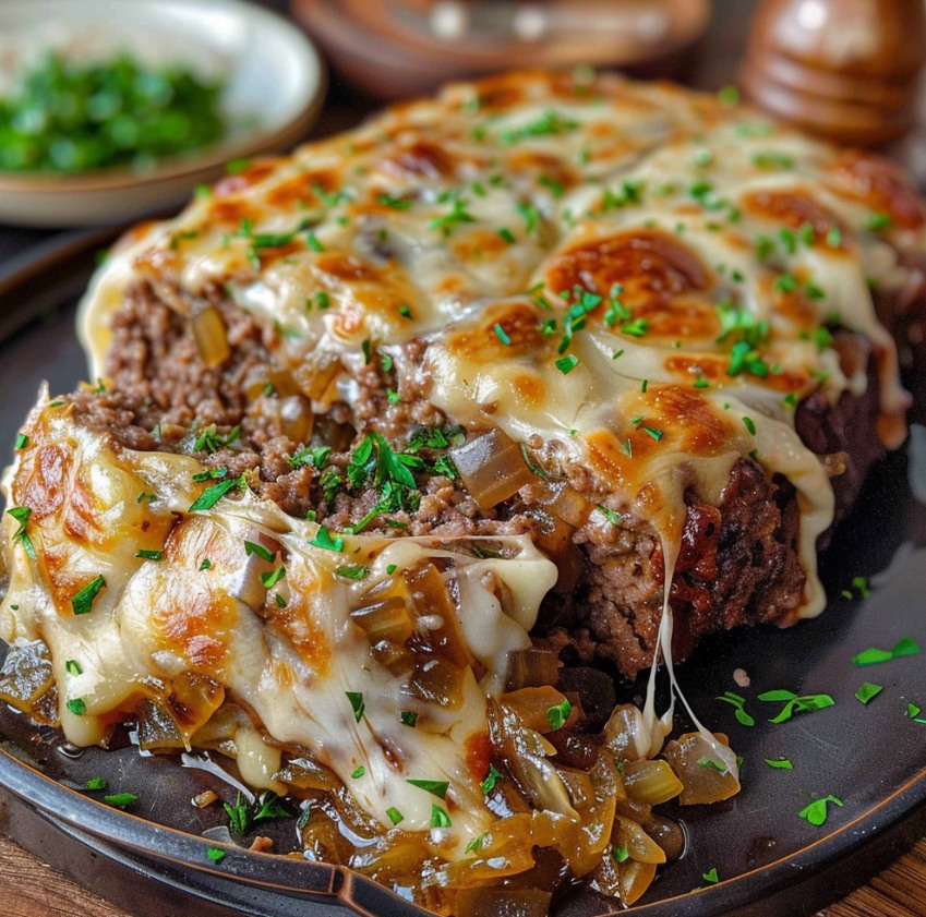 Crockpot French Onion Meatloaf with Melted Swiss Cheese