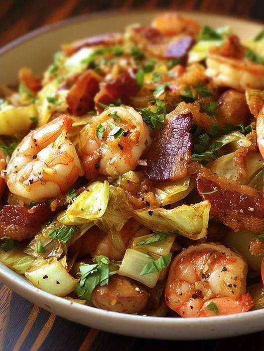 FRIED CABBAGE WITH SHRIMP, SAUSAGE & BACON RECIPE