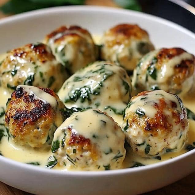 Chicken Ricotta Meatballs with Spinach Alfredo Sauce