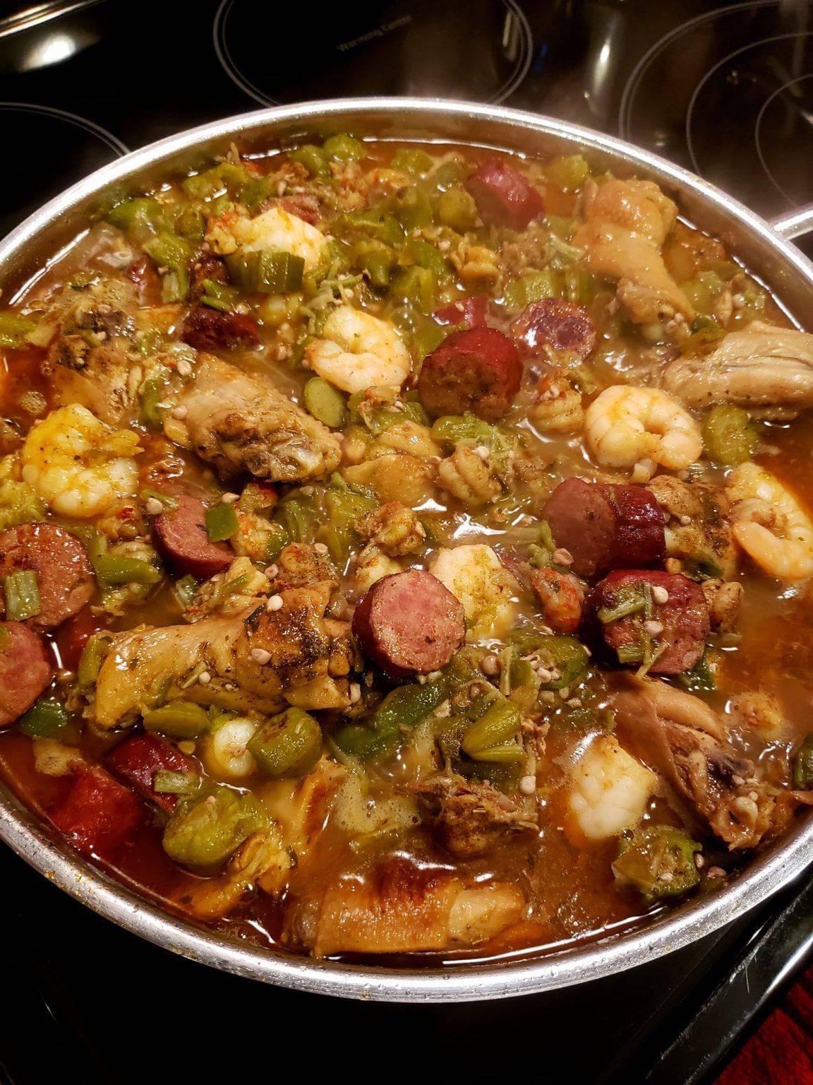 okra stew with chicken, sausage, shrimp and crawfish tails, onion and green peppers