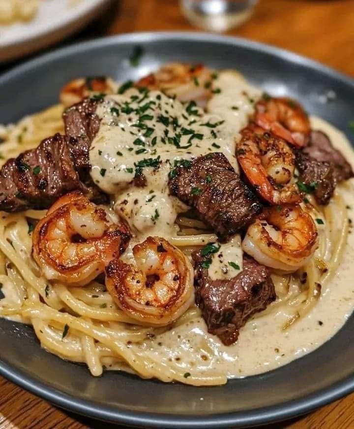 Cajun Shrimp and Steak Alfredo Pasta