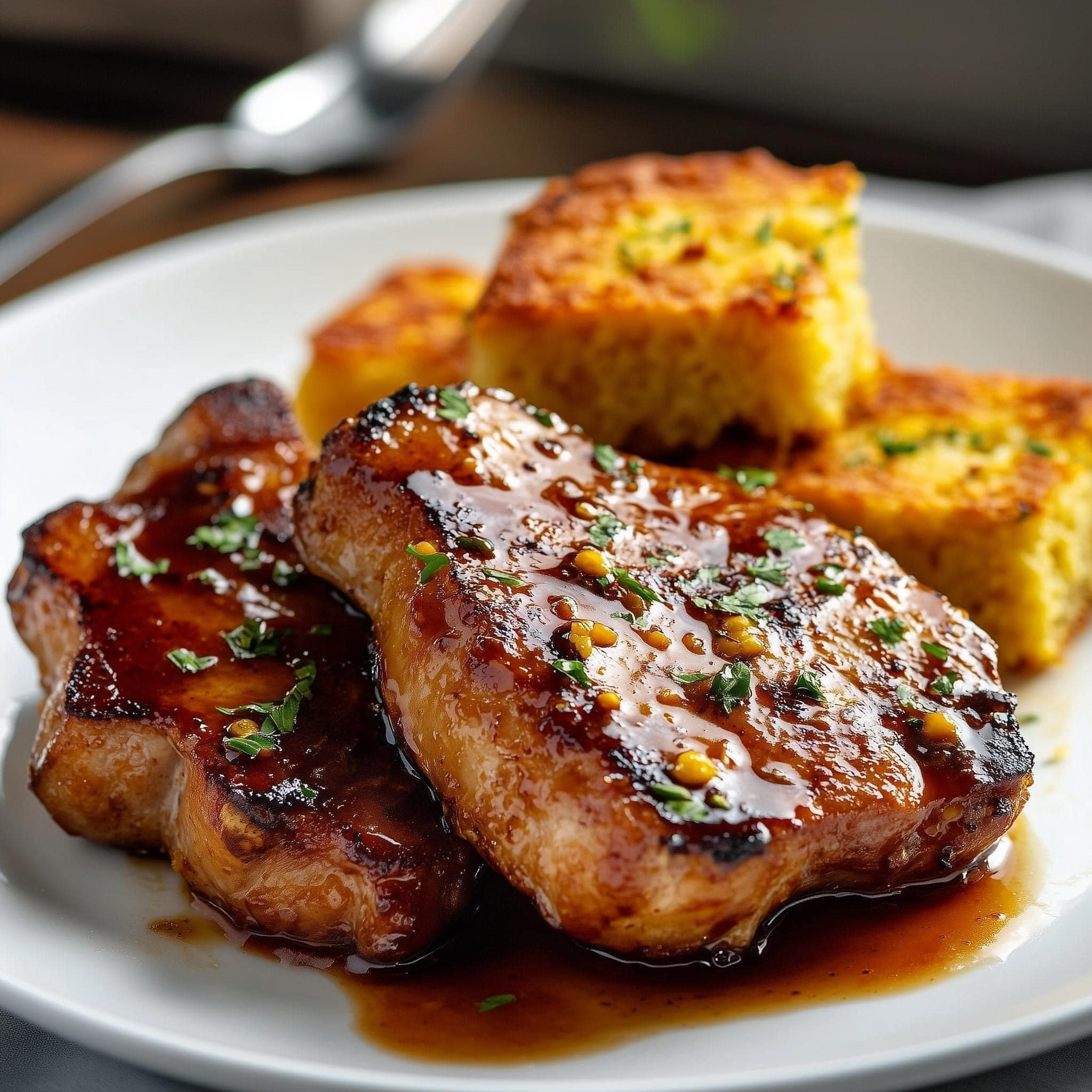 Sweet & Spicy Honey Garlic Pork Chops with Buttered Cornbread 