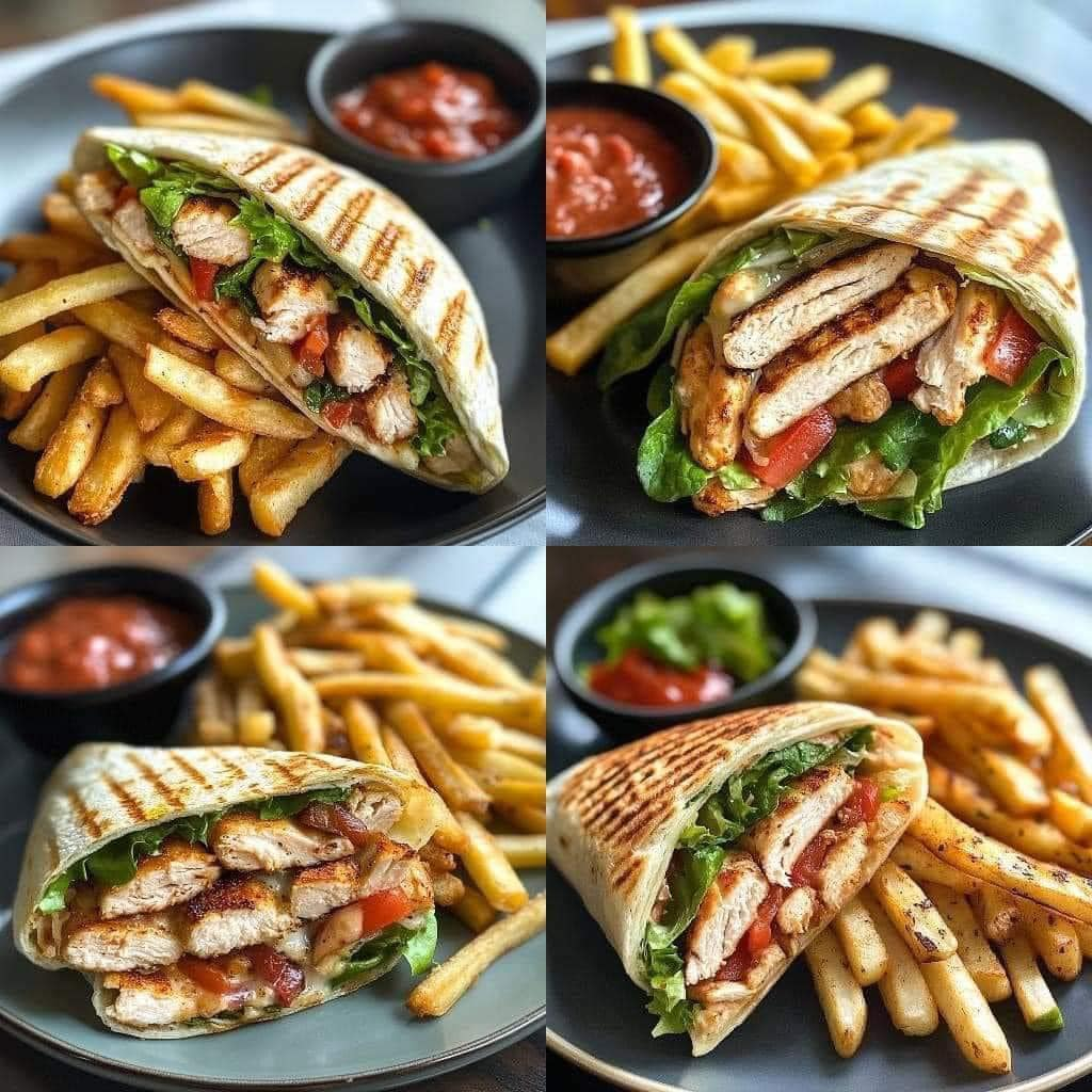 Grilled chicken wrap with fries and dipping sauce