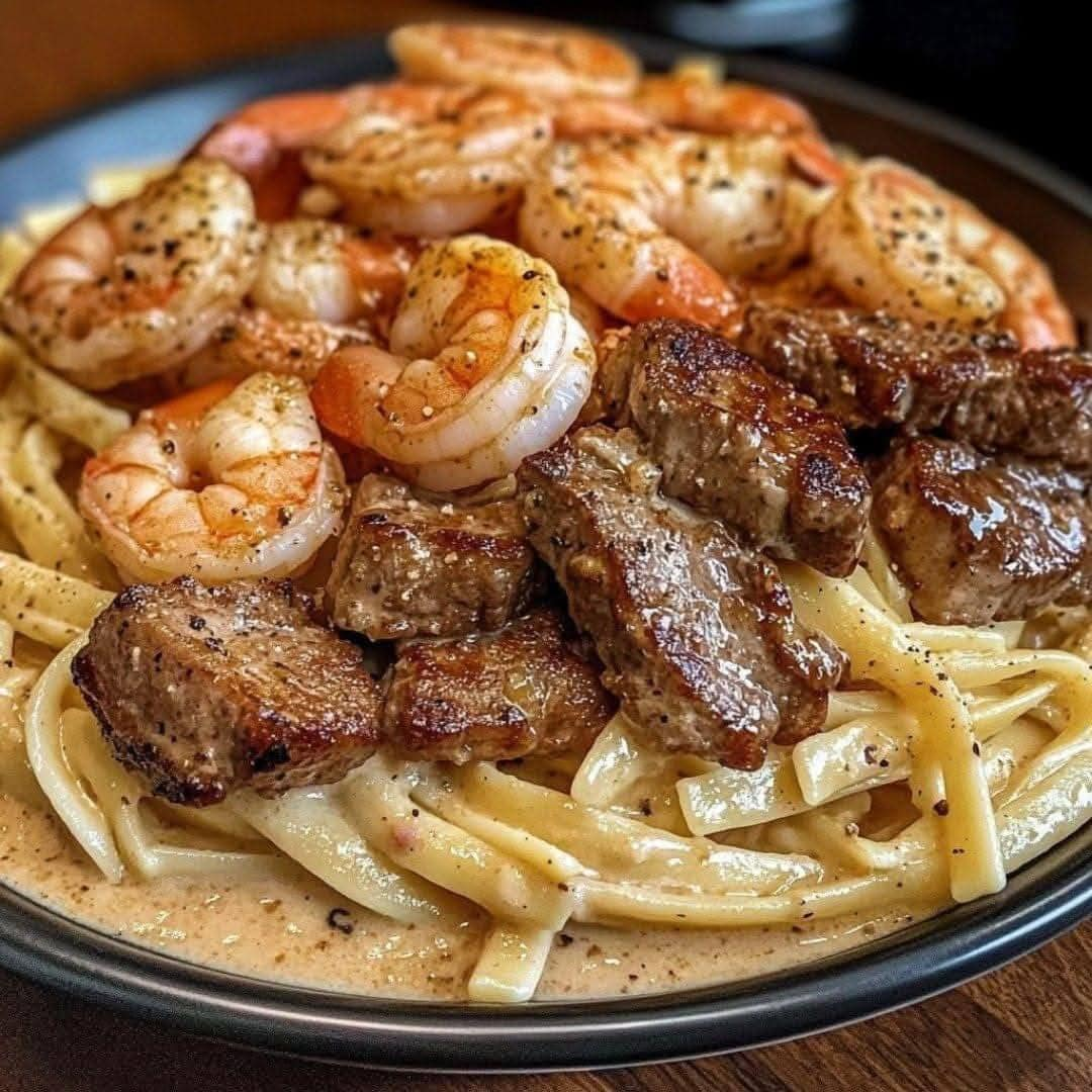 Cajun Shrimp and Steak Alfredo Pasta 