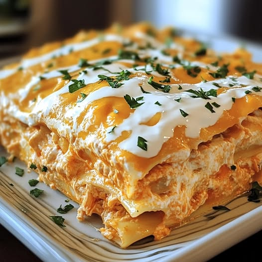 Cheesy Buffalo Chicken Lasagna with Ranch Drizzle