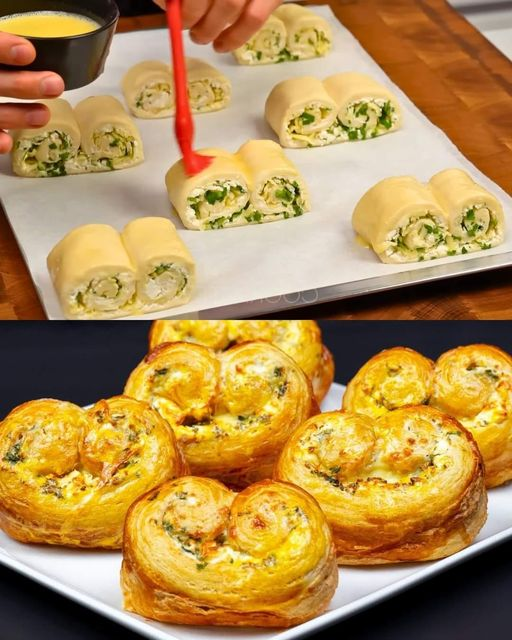 Puff pastry pie with cheese, bacon and herbs