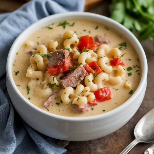 Macaroni Cheeseburger Soup made in one pot without using Velveeta cheese