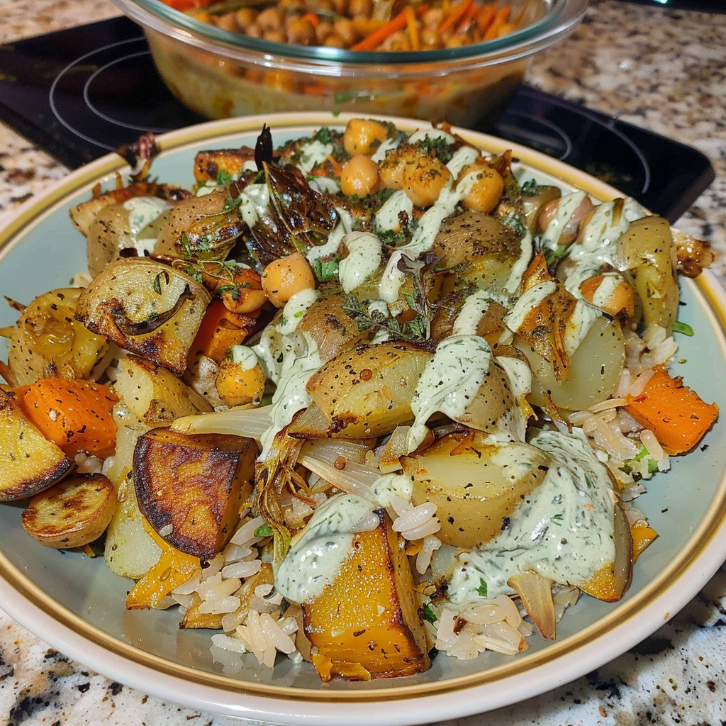 Spiced Vegetable and Chickpea Grain Bowl with Cashew Sauce