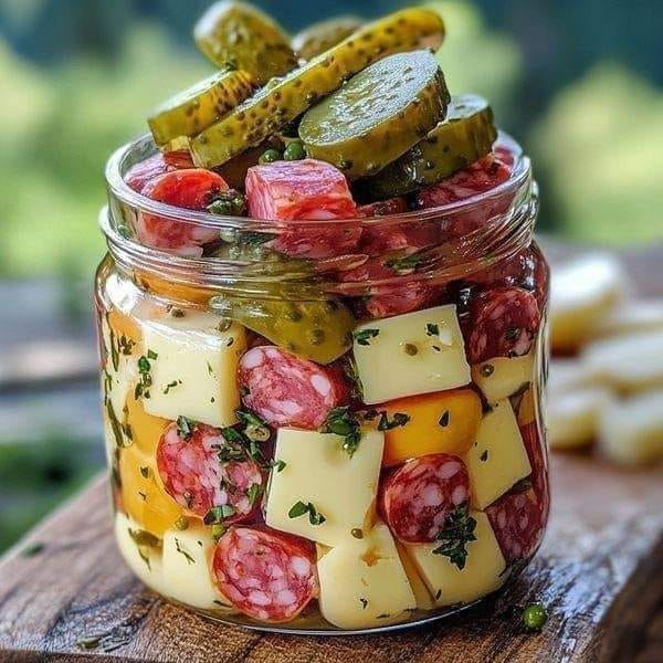 Easy Marinated Cheese Appetizer with Salami & Pickles 