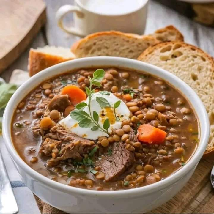 Beef stew and lentils unite in this comforting soup delight!