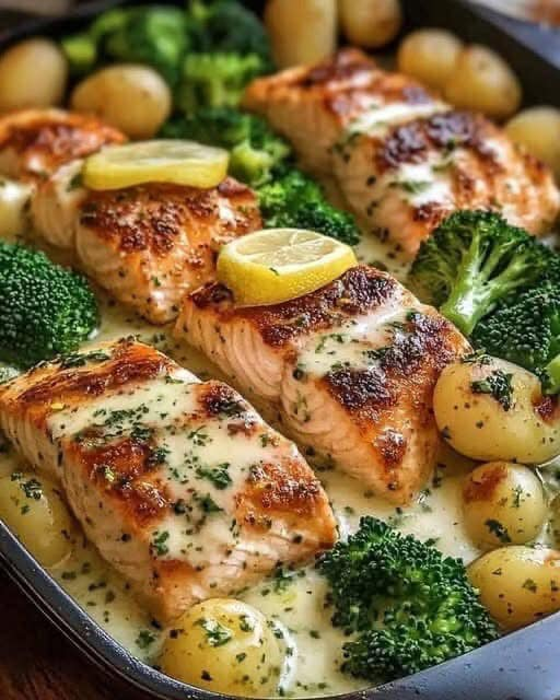 Lemon Butter Salmon with Crispy Potatoes and Broccoli